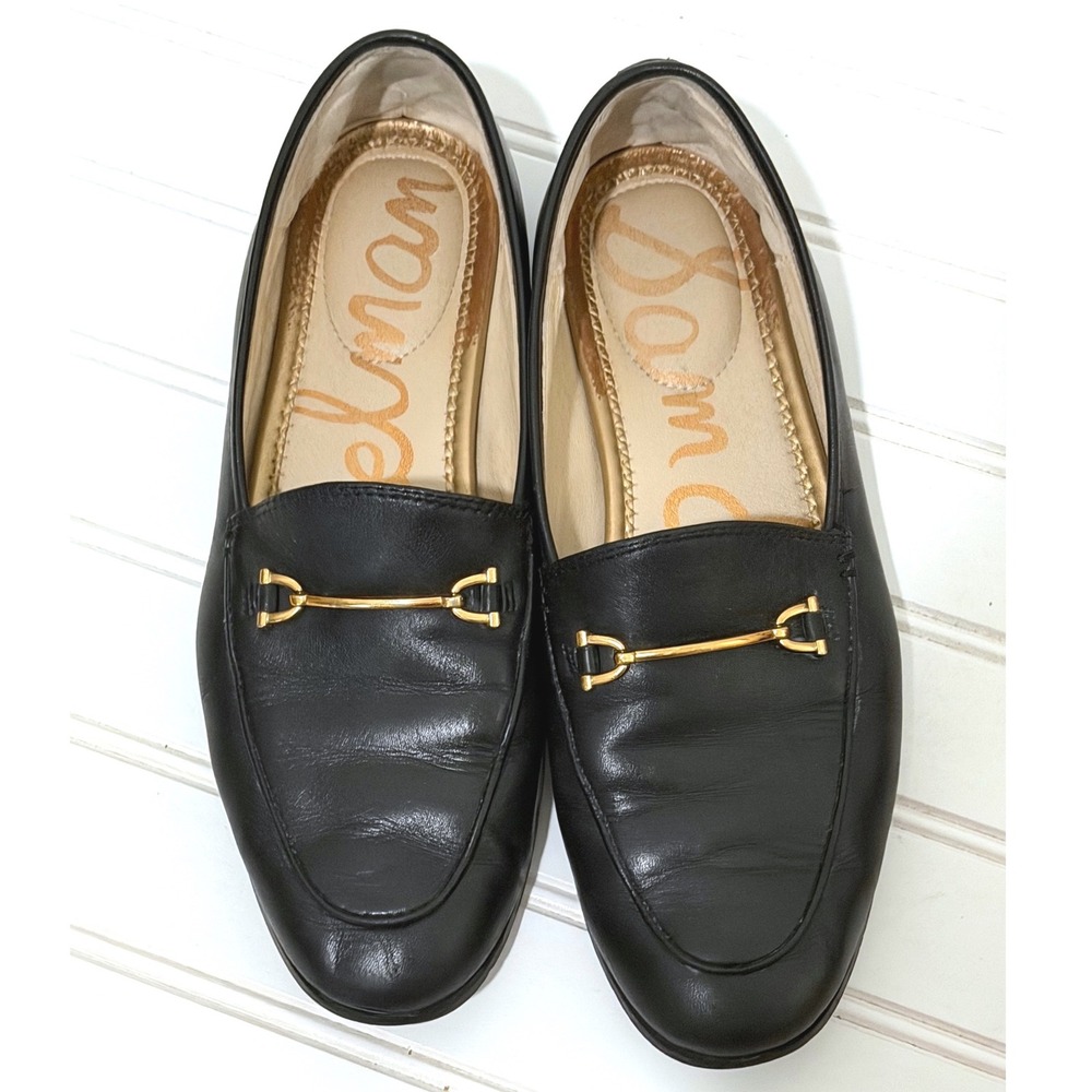 Sam Edelman Loraine Black Leather Horsebit Loafers Gold Hardware Flat Shoes